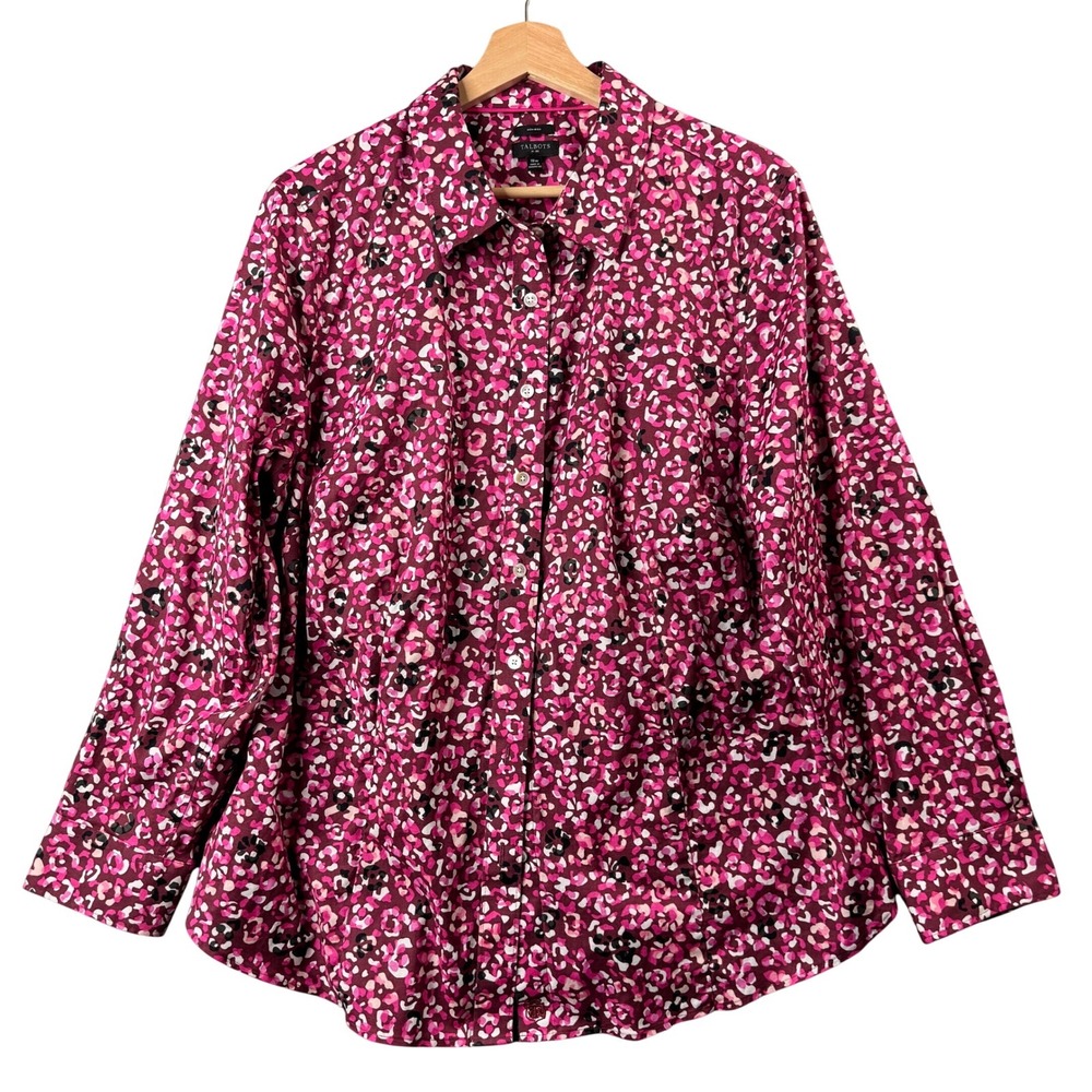 Talbots‎ Plus Womens 18W Pink Abstract Leopard Print Non-Iron Button Down Shirt